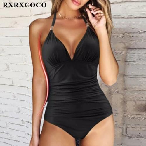 RXRXCOCO One Piece Swimsuit Women 2021 Deep V Push Up Swimwear Black Halter Bathing Suit Beachwear Monokini Sexy Swimsuit Women
