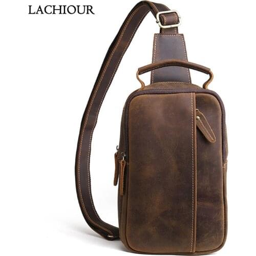 Vintage Men Crazy Horse Leather Chest Bag Fashion 2020 Easy Travel Shoulder Bag Male Party Sling Crossbody Bag Day Packs