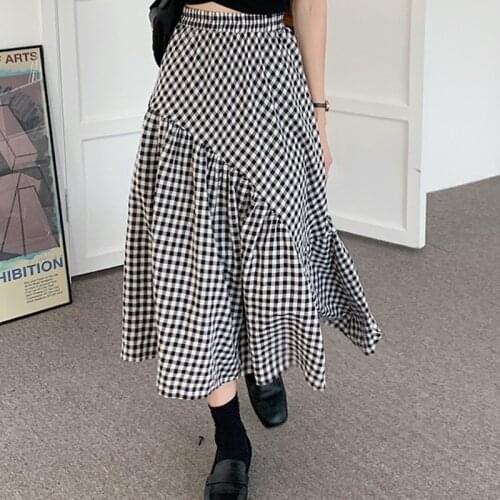 Vintage Irregular Plaid Skirts Women Summer Autumn High Waist Long Skirt Plus Size Women A-Line Skirts Faldas Jupe Femme