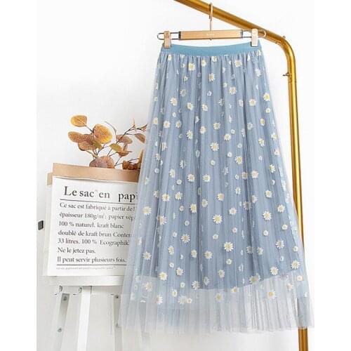 Fashion Skirt Women Long Skirts Spring Summer High Waist 3 Layers Mesh Gauze Skirt Girl Pleated Flowr print Sweet A- line Skirt