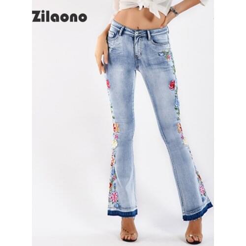 Women Jeans 2021 Autumn Relaxed-fit High Elasticity Color Flower 3D Three-dimensional Embroidery High Waist Denim Bootcut Trouse