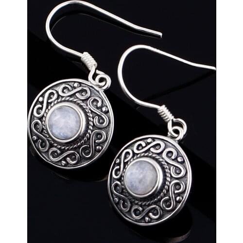 Natural Round Moonstone Earrings 925 Sterling Silver Earrings for Women Ethnic Vintage Earrings Fine Jewelry Gift
