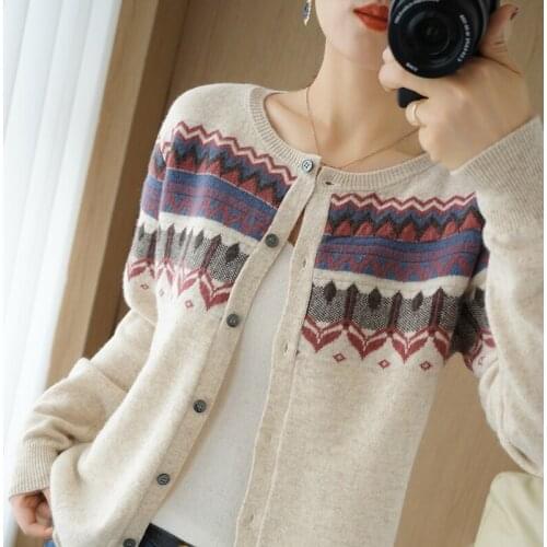 Womens 100% pure wool cashmere sweater knit O-neck cardigan autumn and winter new slim sweater fashion soft