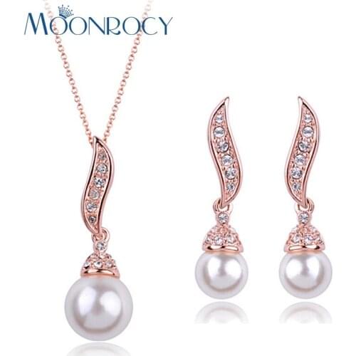 MOONROCY Rose Gold Color Silver Color Free Shipping Fashion CZ Imitation Pearl Crystal Necklace Earrings Jewelry Set for Women
