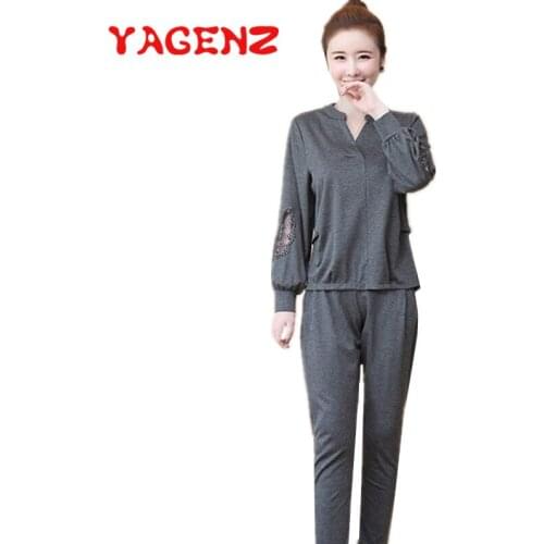 YAGENZ Plus size Women Two Piece Set Casual Spring Autumn 2 Piece Set Women Long sleeve Butterfly decoration Tops And Pants 705