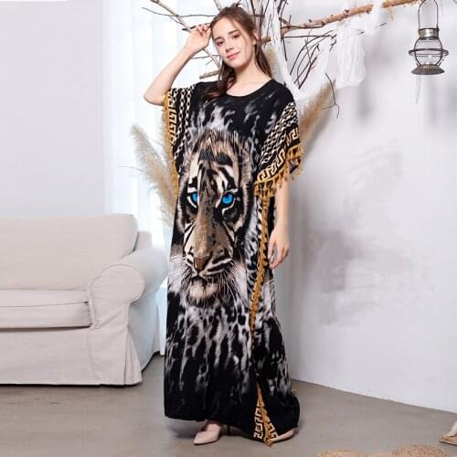 2021 Fashion Novelty Abayas for Women Muslim Dress Short Sleeve O-Neck Loose Casual Tiger Print Ladies Homewear Dubai Dresses