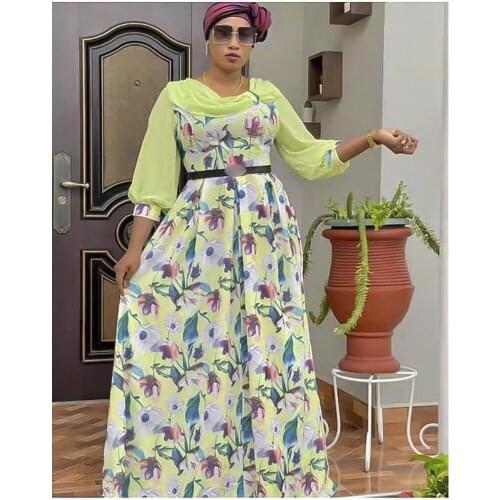 African Clothes For Women Dress 3/4 Sleeve High Waist Robes Summer Floral Print Splice Chiffon Elegant African Office Lady Dress