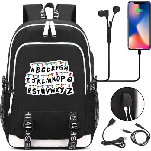 Hot Stranger Things Printed USB Headphone Jack Boy Girl Kids School bag Women Bagpack Canvas Men Backpack Packsack Bookbag