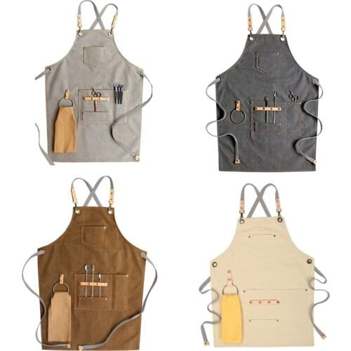 Chef Apron Cotton Canvas Cross Back Adjustable Apron with Pockets for Women and Men, Kitchen Cooking Baking Bib Apron, A