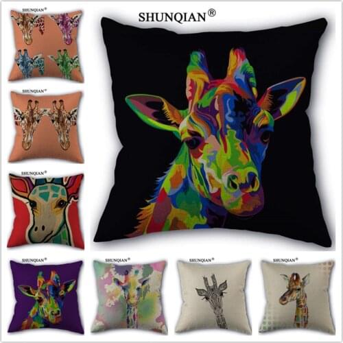 Linen Cotton Giraffe art Pillow Cover Custom Print Home Decorative Pillows Cases 45x45cm one side WJY421-3