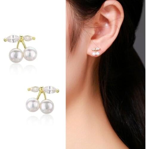 Cute 925 Sterling Silver Gold Color Cherries Freshwater Pearl Stud Earrings For Women Girls Kids Jewelry Aros Aretes Orecchini