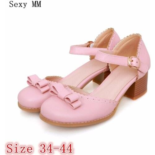 Sweet Women High Heel Sandals Square heel Mary Janes Shoes Woman High Heels Ladies Sandals Pumps Plus Size 34-40.41.42.43.44