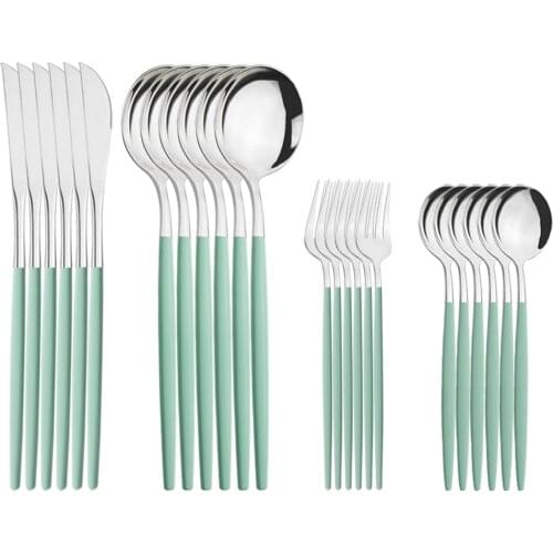 6set Dinnerware Fresh Mint Green Sliver Knives Dessert Fork Spoon Silverware Set Stainless Steel Cutlery Kitchen Home Tableware