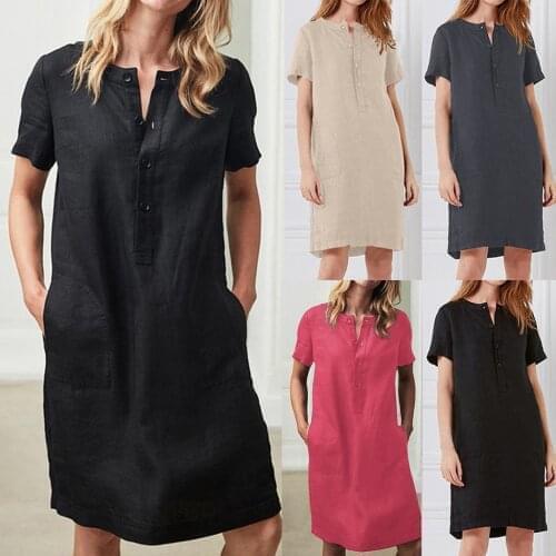 40# Cotton Linen Dresses Women Pockets Plus Size Summer Dress Casual Sexy Solid Color Short Sleeve Mini Dresses Women Clothes