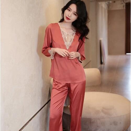 Casual 2PCS Tops&Pants Lace Patchwork Sexy Women Pajamas Suit Deep V-neck Loose Sleepwear Intimate Lingerie Lady Home Clothing