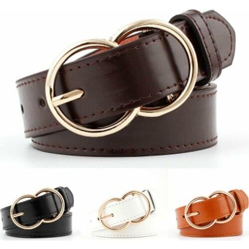 Brand New Fashion Women Lady Simple Metal Boho Leather Double Ring Round Buckle Waist Belt Waistband