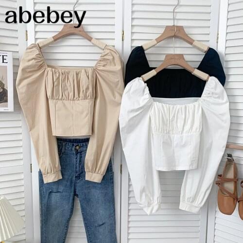 Korean versatile Square collar Long Sleeve Shirt high waist pleated short off navel solid color Shirt Top 2021 New Spring Autumn