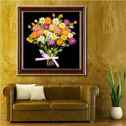 Needlework,DIY Ribbon Cross stitch Sets for Embroidery kit, Beautiful Bouquet flowers Cross-Stitch handwork wall decoration