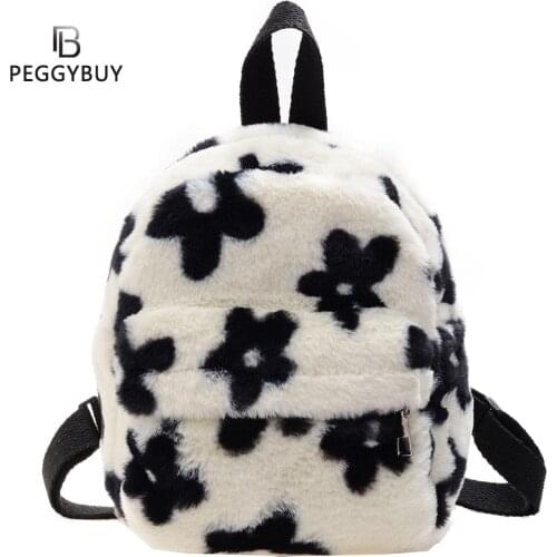 Preppy Style Women Flowers Printing Plush Backpack Ladies Small Knapsack Girls School Bag Print Backpacks Multi-Pockets