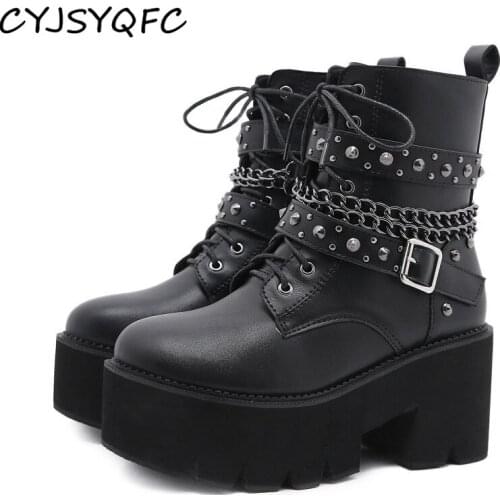 CYJSYQFC 2021 Punk Gothic Black Ankle Boots For Women Thick Bottom High Heels Female Shoes Sexy Rivets Chain Lace Up Short Boots