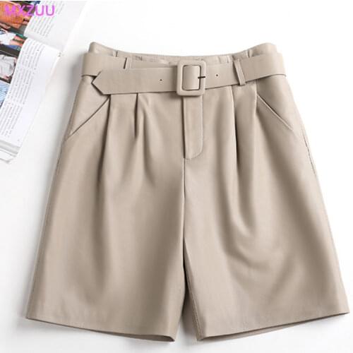 Ropa Verano Mujer Women Genuine Leather 5'Pants Pantalon Femme Sheepskin High Waist Loose Wide Leg Midi Moda Szorty Streetwear