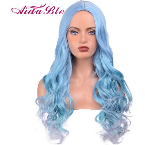 Ombre Blue Color Wigs Long Wave Mixed Highlight Middle Part Synthetic Hair Wigs Heat Resistant For Women Daily Cosplay Hair Wigs