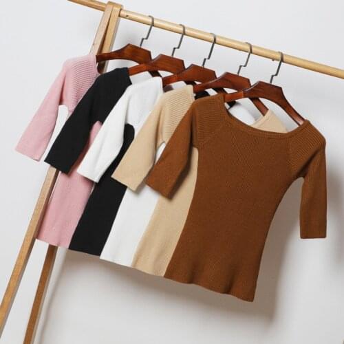 Sweater Five-point Sleeve Blouse Single Collar Off-shoulder Spring And Autumn Thin Pullover Short Bottoming Shirt Clothing