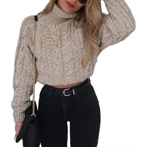 Ele-choices Fashion Winter Women Solid Color High Neck Long Sleeve Knitted Cropped Sweater