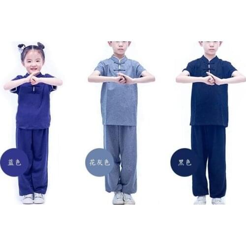 Unisex summer kids boys/girls Kung fu martial arts uniforms children wushu suits tai chi clothing blue/black/gray with elestic