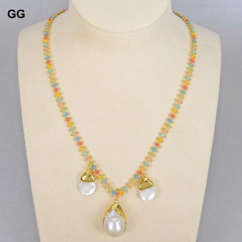 GuaiGuai Jewelry 19" Multi Color Crystal Chain Necklace White Keshi Pearl Pendant For Women