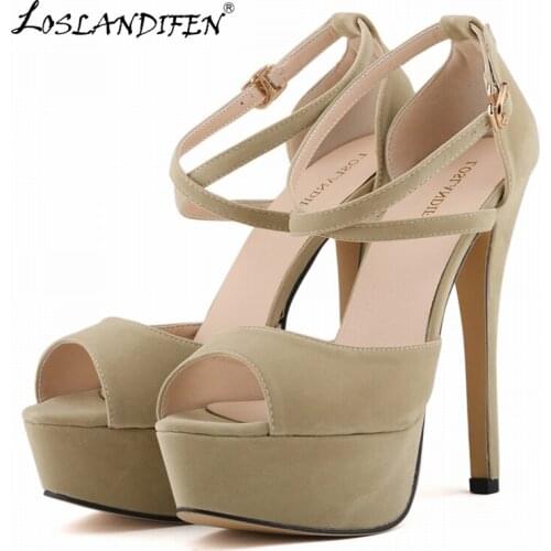 Women Pumps Peep Toe 14cm Super High Heels Ankle Strap Platform Sandals Red Wedding Dress Party Shoes Plus Size