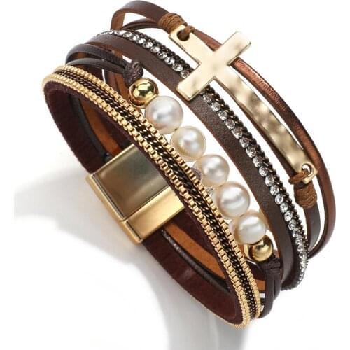 Amorcome 2021 New Trendy Baroque Imitation Pearls Metal Cross Charm Leather Bracelets for Women Multilayer Wrap Bracelet Bijoux