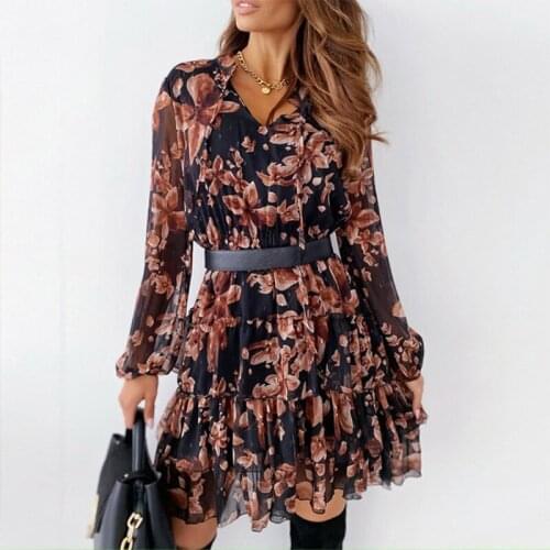Spring Long Sleeve Print Dress Women Elegant Ruffles V Neck Lace Up Office Vestidos A Line Party Autumn Female Short Dresses