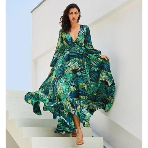 Maxi dress women dresses 2021 new fashion chiffon leaf printed long summer dress women lantern sleeve women dress платье