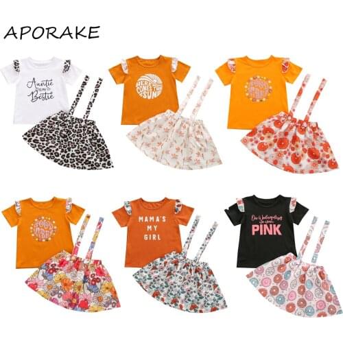 2021 1-6Y Summer Kids Baby Girl Clothing 6 Colors Ruffle Short Sleeve T-shirt+Floral Print Straps Skirt+Headband Sweet Outfits