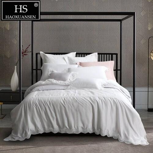 White 100% Tencel Lyocell Lace Princess Bedding Sets 4 Piece 650 Thread Count Luxury Wedding Double Bedclothes Queen King Size