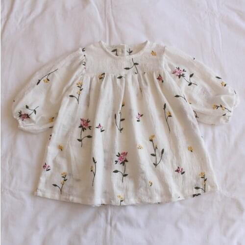 Toddlers Kids Princess Dresses Embroidery Floral Puff Sleeve Baby Girls Loose Cotton Dress 2020 Spring Children Clothes