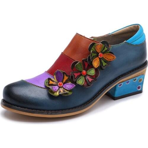 Elegance Vintage Hollow Out Chunky Heel Leather Women Pumps Slip On 3-4CM Square High heels Colorblock Flower Women Shoes