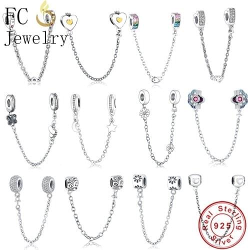 FC Jewelry Fit Original Brand Charm Bracelet 925 Silver Heart Mix Color Crystal Bead Safety Chain For DIY Making Berloque NEW
