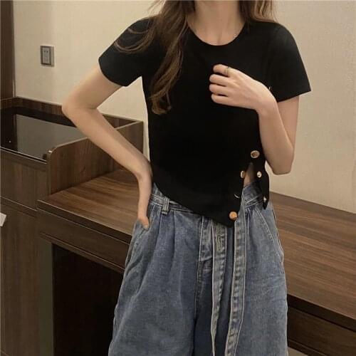 Harajuku Irregular Design Sense Round Neck Short-sleeved T-shirt Womens Summer New Korean Style Slim Slim Short Top