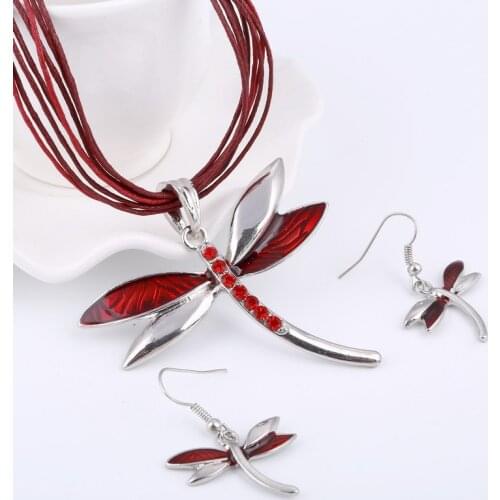 Hesiod Silver Color Dragonfly Jewelry Sets Multi-layer Leather Rope Chain Lucite Retro Dangle Earrings Necklace Earrings Sets