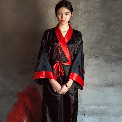 Novelty Reversible Black Red Women Kimono Yukata Satin Embroidery Dragon Nightgown One Size Robe Gown Two Side Sleepwear JA08