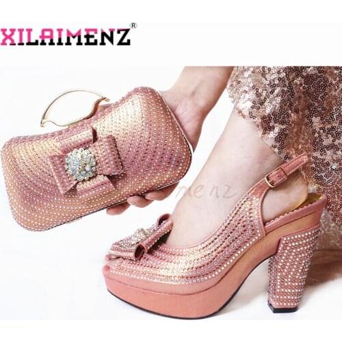 Mature Women Shoes and Bag Set in Peach Color High Quality African MAMA Matching Shoes and to Match for Party