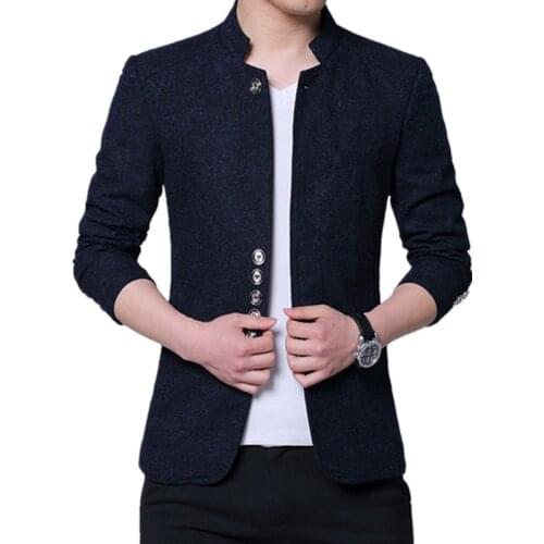 2021 Men Fashion Stand Collar Slim Fit Chinese High Quality Blends Suit Jacket / Male Casual Trend Large Size Wool Blazer Coat