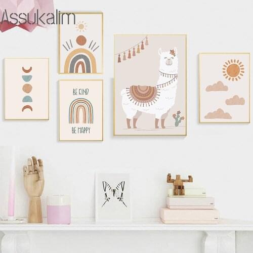 Nursery Wall Art Print Alpaca Poster Nordic Prints Sun Cloud Canvas Painting Rainbow Posters Boho Wall Pictures Kids Room Decor