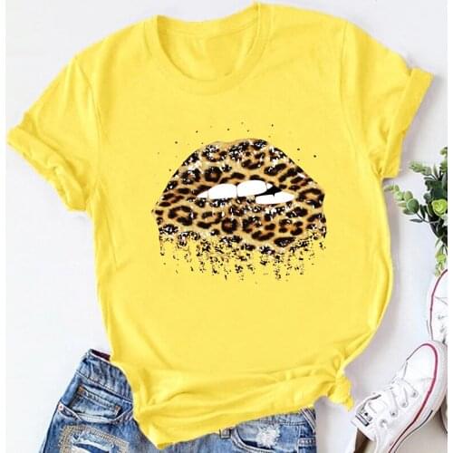 Sexy Leopard Lips Graphic Printed Women Yellow T-shirt Female Summer Fashion Short Sleeve Tshirts Girls Short Sleeve Tops Tee