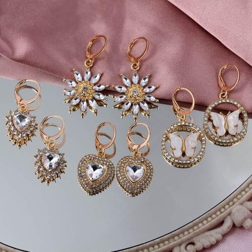 JUST FEEL New Flower Butterfly Circle Crystal Drop Earrings for Women Gold Color Heart Rhinestone Earrings Fashion Jewelry Gift