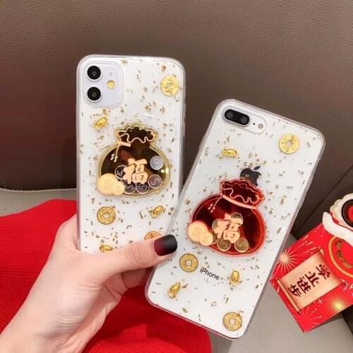 Luxury Glitter Gold leaf Lucky Money Bag Phone Case For iPhone 12Pro MAX 11 7 8 Plus X XS MAX XR Cute Cow Year Clear Soft Cover