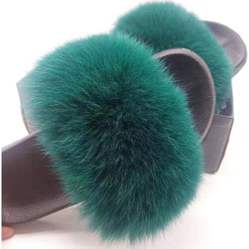 Big Size 36-45 Raccoon Fur Slippers Women Fox Fur Sandals Ladies Fur Slides Female Furry Slippers Green Fluffy Flat Shoes Woman