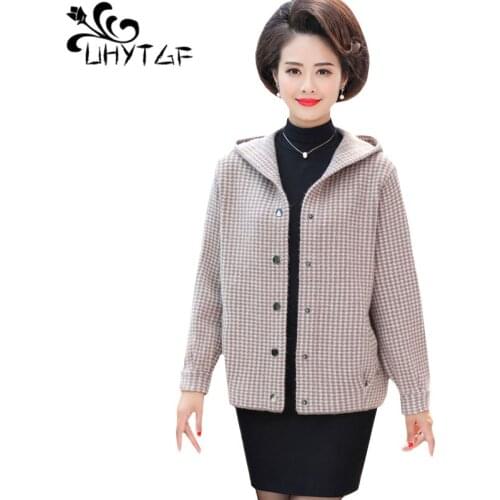 UHYTGF Autumn Jacket Women Fashion Knit Cardigan Short Coat Temperament Mom Loose Plus Size Tops Hooded Casual Female Jacket 387